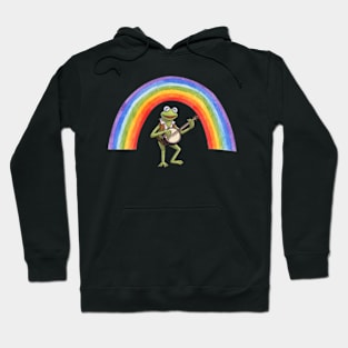 Cottagecore Frog Playing Banjo Under Rainbow Hoodie